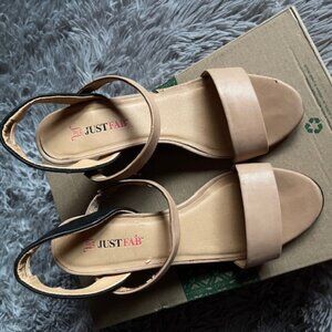 Just Fab Tan Slip on with High Black Wedge Heels, Size 6.5 M